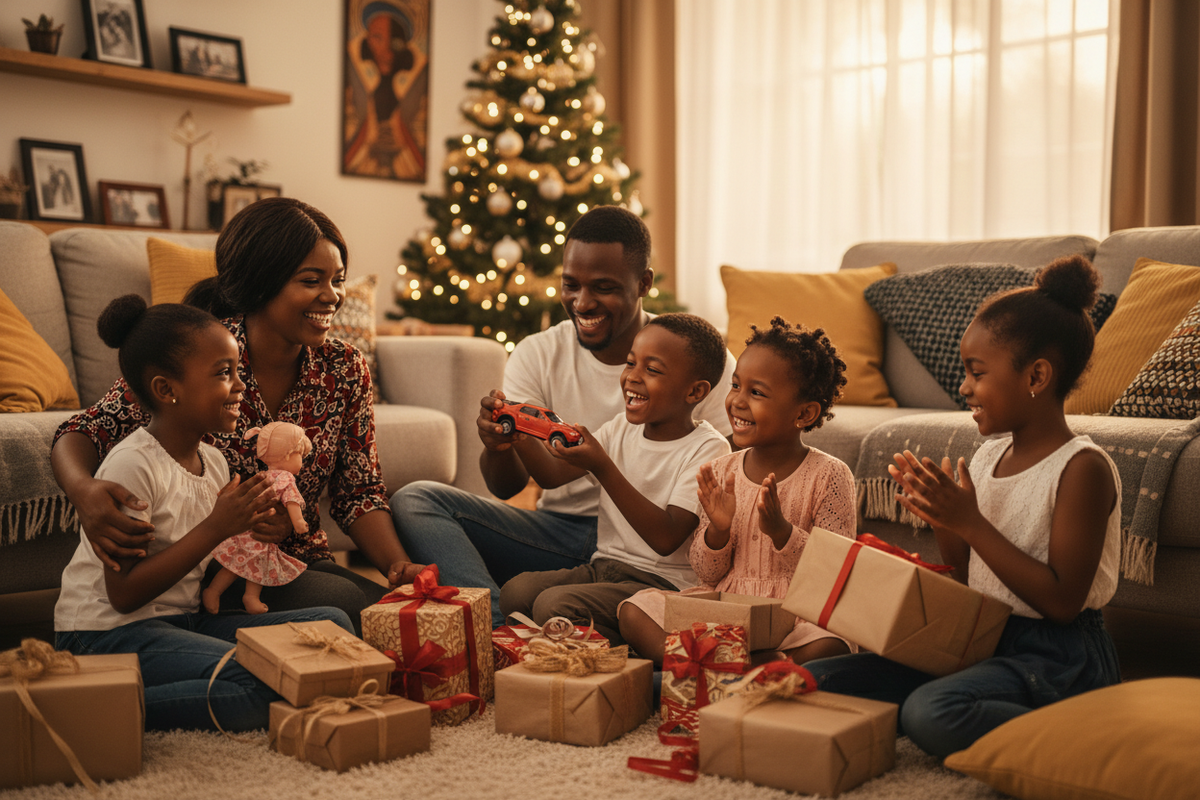 Famille africaine heureuse déballant des cadeaux